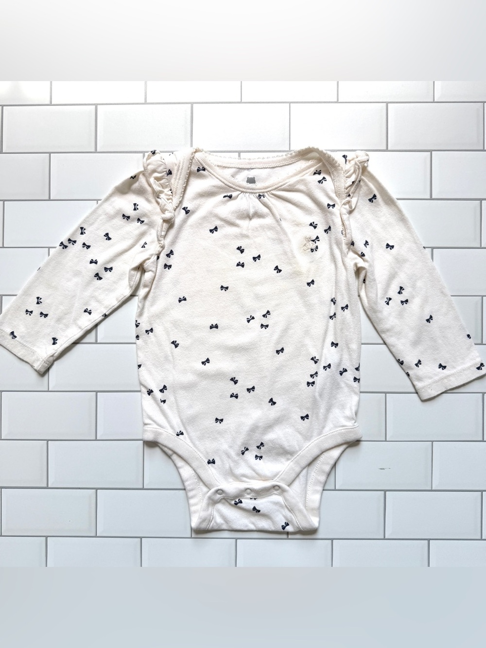 12-18M🎀 Baby GAP Flutter Ruffle Long Sleeve Bodysuit Navy Blue Bows Print